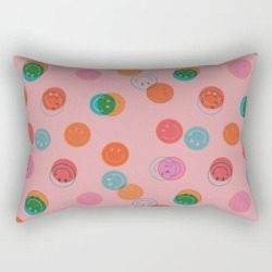 Smiley Face Stamp Print In Pink Rectangular Pillow by Doodle By Meg - Small (17" x 12")