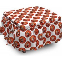 East Urban Home Basketball Happy Emoticon Balls 2 Piece Box Cushion Ottoman Slipcover Set Polyester in Orange/White | Wayfair