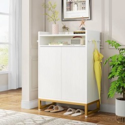 Shoe Cabinet White Shoe Storage Cabinet with Open Shelves & Hooks, Gold Frame