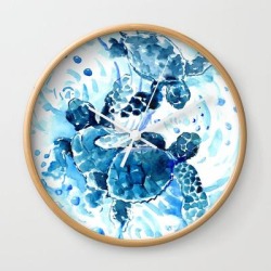 Three Sea Turtles, Blue Bathroom Turtle Artwork, Underwater Wall Clock by Surenart - Natural - White