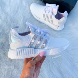 Adidas Shoes | Iridescent Swarovski Adidas Nmd Runner Casual Shoes By Pink Ivy | Color: White | Size: 10