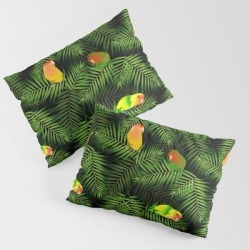 Pillow Sham | Lovebird Parrots In Green Palm Leaves On Black by Popparrot - STANDARD SET OF 2 - Cotton - Society6