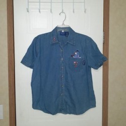 Disney Tops | Disney Pooh Short Sleeved Button Down Shirt | Color: Blue | Size: L found on Bargain Bro from poshmark, inc. for USD $7.60