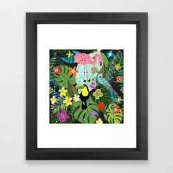 Framed Art Print | Parrots, Toucan And Flamingo Tropical Birds Tropical Forest Pattern by Gulsengunel - Vector Black - X-Small-10x12 - Society6