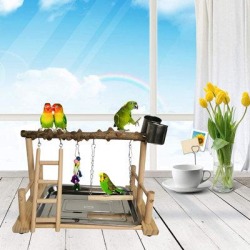 LBJ Bird Playground Parrot Playstand Birds Play Stand Wood Exercise Perch Gym Stand Playpen Ladder w/ Feeder Cups Hanging Swing Toys For Parakeet Conure Wood