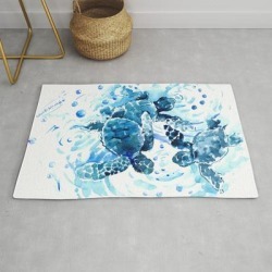 Three Sea Turtles, Blue Bathroom Turtle Artwork, Underwater Modern Throw Rug by Surenart - 2' x 3'