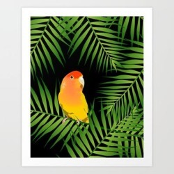 Art Print | Lovebird Parrots In Green Palm Leaves On Black by Popparrot - X-Small - Society6