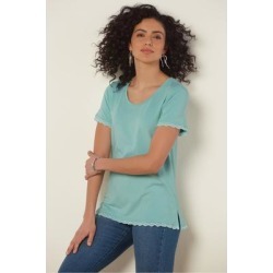 Women Essential Lace Pima T-Shirt by Soft Surroundings, in Teal Mist size 1X (18-20)