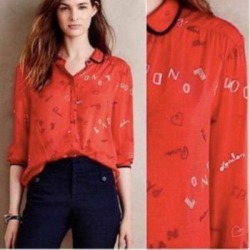 Anthropologie Tops | Anthropologie Maeve Button City Art, Graphic Fancy Font Text Blouse Top | Color: Black/Red | Size: 2