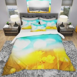 Designart 'Yellow Flowers on Blue Background' Modern & Contemporary Bedding Set - Duvet Cover & Shams (King Cover + 2 king Shams (comforter not