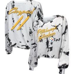 Women's Majestic Threads Chase Claypool White Pittsburgh Steelers Off-Shoulder Tie-Dye Name & Number Long Sleeve V-Neck Crop-Top T-Shirt found on Bargain Bro from Fanatics for USD $34.19