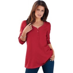 Plus Size Women's Long-Sleeve Henley Ultimate Tee with Sweetheart Neck by Roaman's in Classic Red (Size 5X)