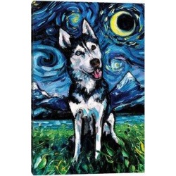 East Urban Home Happy Husky Night by Aja Trier - Painting Print Canvas & Fabric/Metal in Black/Blue/Green | Wayfair found on Bargain Bro Philippines from Wayfair for $149.99