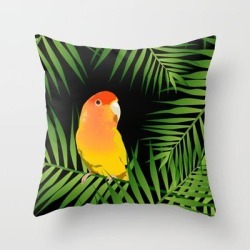 Throw Pillow | Lovebird Parrots In Green Palm Leaves On Black by Popparrot - Cover (16" x 16") with pillow insert - Indoor Pillow - Society6