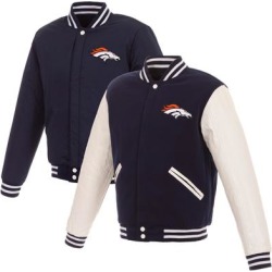 Men's NFL Pro Line by Fanatics Branded Navy/White Denver Broncos Reversible Fleece Full-Snap Jacket with Faux Leather Sleeves found on Bargain Bro from nflshop.com for USD $106.39