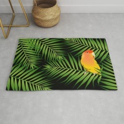 Modern Throw Rug | Lovebird Parrots In Green Palm Leaves On Black by Popparrot - 2' x 3' - Society6