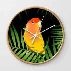 Wall Clock | Lovebird Parrots In Green Palm Leaves On Black by Popparrot - Natural - White - Society6