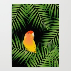 Art Poster | Lovebird Parrots In Green Palm Leaves On Black by Popparrot - 18" X 24" - Society6