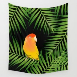 Wall Hanging Tapestry | Lovebird Parrots In Green Palm Leaves On Black by Popparrot - 51" x 60" - Society6