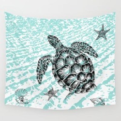 Sea Turtle Print In Black And White Wall Hanging Tapestry by Rachel's Fine Lines - 51" x 60"