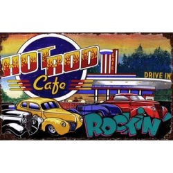 Winston Porter Hot Rod Cafe Vintage Advertisement Plaque Wood in Blue/Brown/Red, Size 15.0 H x 26.0 W x 1.0 D in | Wayfair found on Bargain Bro from Wayfair for USD $58.51