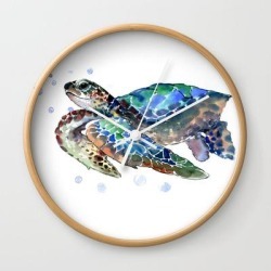 Sea Turtle, Green Blue, Sea Turtle Under Water, Sky Blue Wall Clock by Surenart - Natural - White
