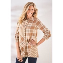 Women's Paramour Plaid Top by Soft Surroundings, in Camel/Ivory Plaid size XS (2-4)