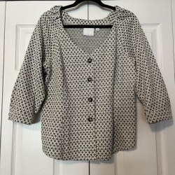 Anthropologie Tops | Ett Twa By Anthropologie Button Font Blouse Ivory Black V-Neck 34 Sleeve Sz L | Color: Black/Cream | Size: L