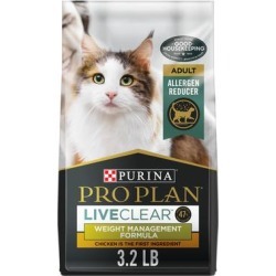 Purina Pro Plan Liveclear Weight Control Chicken and Rice Formula Allergen Reducing Dry Cat Food, 3.2 lbs.