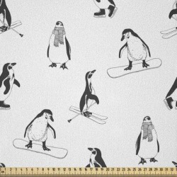East Urban Home Ambesonne Penguin Fabric By The Yard, Skiing Penguins On Snowboards Winter Sports Themed Pattern Animal Bird w/ Scarf in White