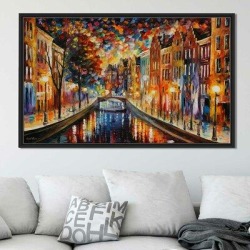 Winston Porter 'Amsterdam Night Canal' Framed Oil Painting Print on Wrapped Canvas & Fabric in Orange, Size 27.5 H x 43.5 W x 2.0 D in Wayfair found on Bargain Bro from Wayfair for USD $212.79