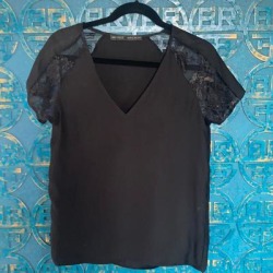 Zara Tops | Black Zara Blouse With Lace Insets, Size Xs | Color: Black | Size: Xs found on Bargain Bro from poshmark, inc. for USD $15.20