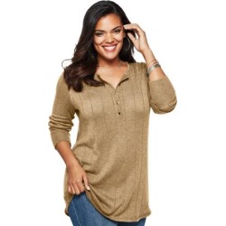 Plus Size Women's Fine Gauge Drop Needle Henley Sweater by Roaman's in Soft Camel (Size 1X) found on Bargain Bro from Roamans.com for USD $17.47