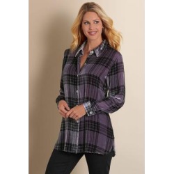 Women's Plaid Velvet Big Shirt by Soft Surroundings, in Purple Haze size 2XS (0)
