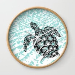 Sea Turtle Print In Black And White Wall Clock by Rachel's Fine Lines - Natural - White