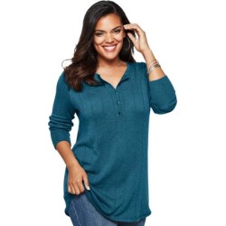 Plus Size Women's Fine Gauge Drop Needle Henley Sweater by Roaman's in Ocean Teal (Size 6X) found on Bargain Bro from Roamans.com for USD $17.47