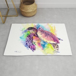 Sea Turtle In Coral Reef, Tropical Colors Sea World Purple Yellow Blue Turtle Art, Turtle Illustrati Modern Throw Rug by Surenart - 2' x 3'