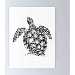 Sea Turtle Print In Black And White Mini Art Print by Rachel's Fine Lines - Without Stand - 3" x 4"