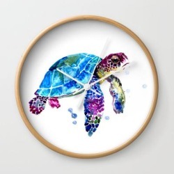 Sea Turtle, Blue Purple Turtle Illustration, Sea Turtle Design Wall Clock by Surenart - Natural - White