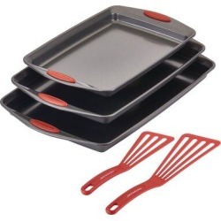 Rachael Ray Nonstick Bakeware Cookie Pan Set, 5-Piece, Gray w/ Red Silicone Grips Carbon Steel in Black/Gray/Red | Wayfair 09277