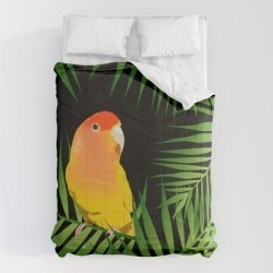 Comforters | Lovebird Parrots In Green Palm Leaves On Black by Popparrot - Queen: 88" x 88" - Microfiber Polyester - Society6