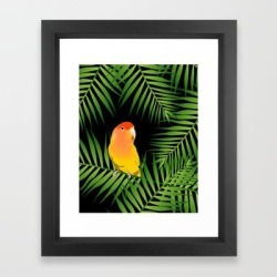 Framed Art Print | Lovebird Parrots In Green Palm Leaves On Black by Popparrot - Vector Black - X-Small-10x12 - Society6