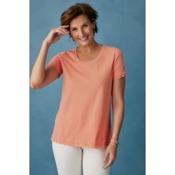 Women Essential Lace Pima T-Shirt by Soft Surroundings, in Lobster Bisque size 1X (18-20)