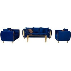 Infinity Furniture Import Infinity Furniture Blue Velvet Upholstered 3-Piece Sofa Set Velvet in Blue/Brown/Yellow, Size 35.4 H x 86.6 W x 35.4 D in