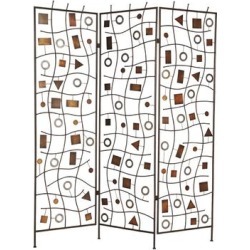 Foldable Metal Screen with Geometrical Design and 3 Panels, Brown (Brown)