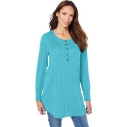 Plus Size Women's Fine Gauge Drop Needle Henley Sweater by Roaman's in Soft Turquoise (Size L) found on Bargain Bro from Roamans.com for USD $17.47