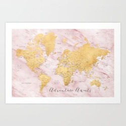 Adventure Awaits, Gold And Pink Marble Detailed World Map, "sherry" Art Print by Blursbyaishop - X-Small