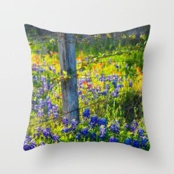 Country Living - Fence Post And Vines Among Bluebonnets And Indian Paintbrush Wildflowers Couch Throw Pillow by Sean Ramsey - Cover (16" x 16") with pillow insert - Indoor Pillow