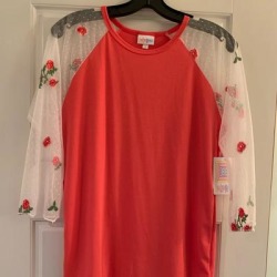 Lularoe Tops | Lularoe Randy Top With Lace Sleeves | Color: Orange/White | Size: S found on Bargain Bro from poshmark, inc. for USD $7.60