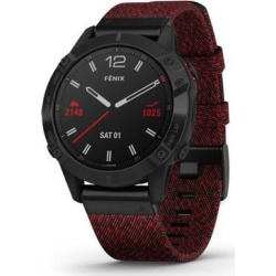 "Garmin Watches Fenix 6 Sapphire Multisport Fitness Watch Black DLC w/Red Nylon Band"